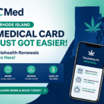 Rhode Island medical marijuana card renewal with telehealth now available, featuring CMed branding and online appointment options