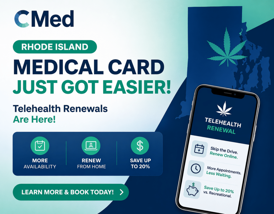 Rhode Island medical marijuana card renewal with telehealth now available, featuring CMed branding and online appointment options